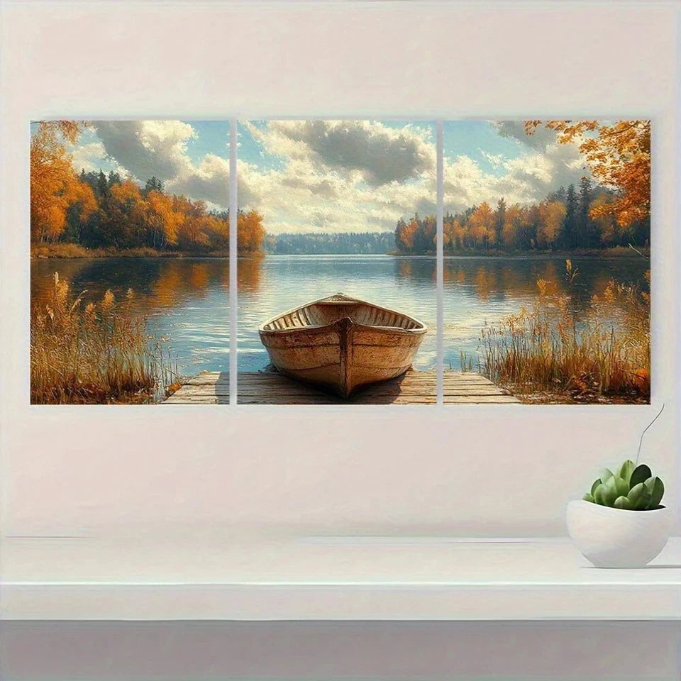 3pcs Rustic Lake Serene Autumn Scene Metal Print Ready to Hang Art - Bella Home Decor
