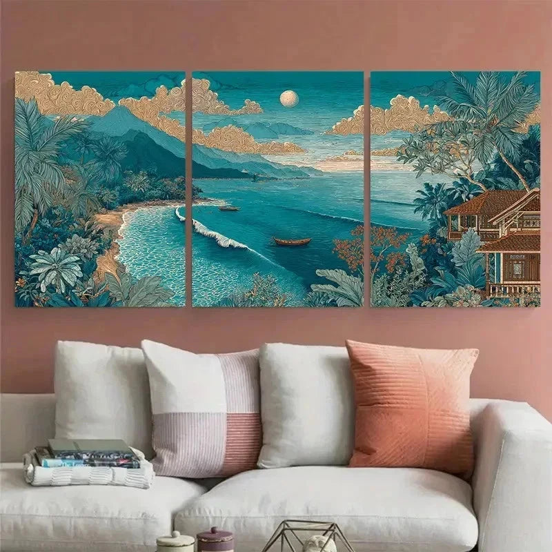 3pcs Mediterranean Aesthetic Beach Perfect Wall Art Set Canvas Framed 60x90cm - High Quality Print 100% Australian Made Wall Canvas Ready to Hang