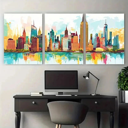 3pcs New York City Skyline Vibrant Perfect Wall Art Set Canvas Framed 50x70cm - High Quality Print 100% Australian Made Wall Canvas Ready to Hang