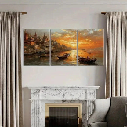 3pcs Sunset Cityscape with Golden Sky Reflection Wall Art Set Canvas Framed 50x70cm - High Quality Print 100% Australian Made Wall Canvas Ready to Hang - Bella Home Decor