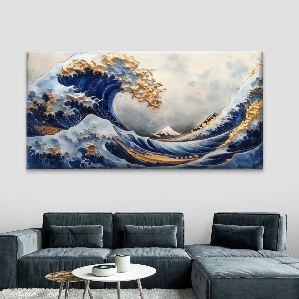 Japanese-Inspired Blue & Golden Wall Art Canvas Office Home Room Framed 120x60cm