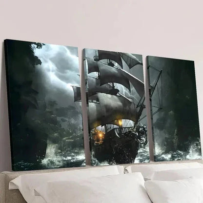 3pcs Fantasy Pirate Ship in Storm Theme Wall Art Canvas Unframed - High Quality Print 100% Australian Made Wall Canvas