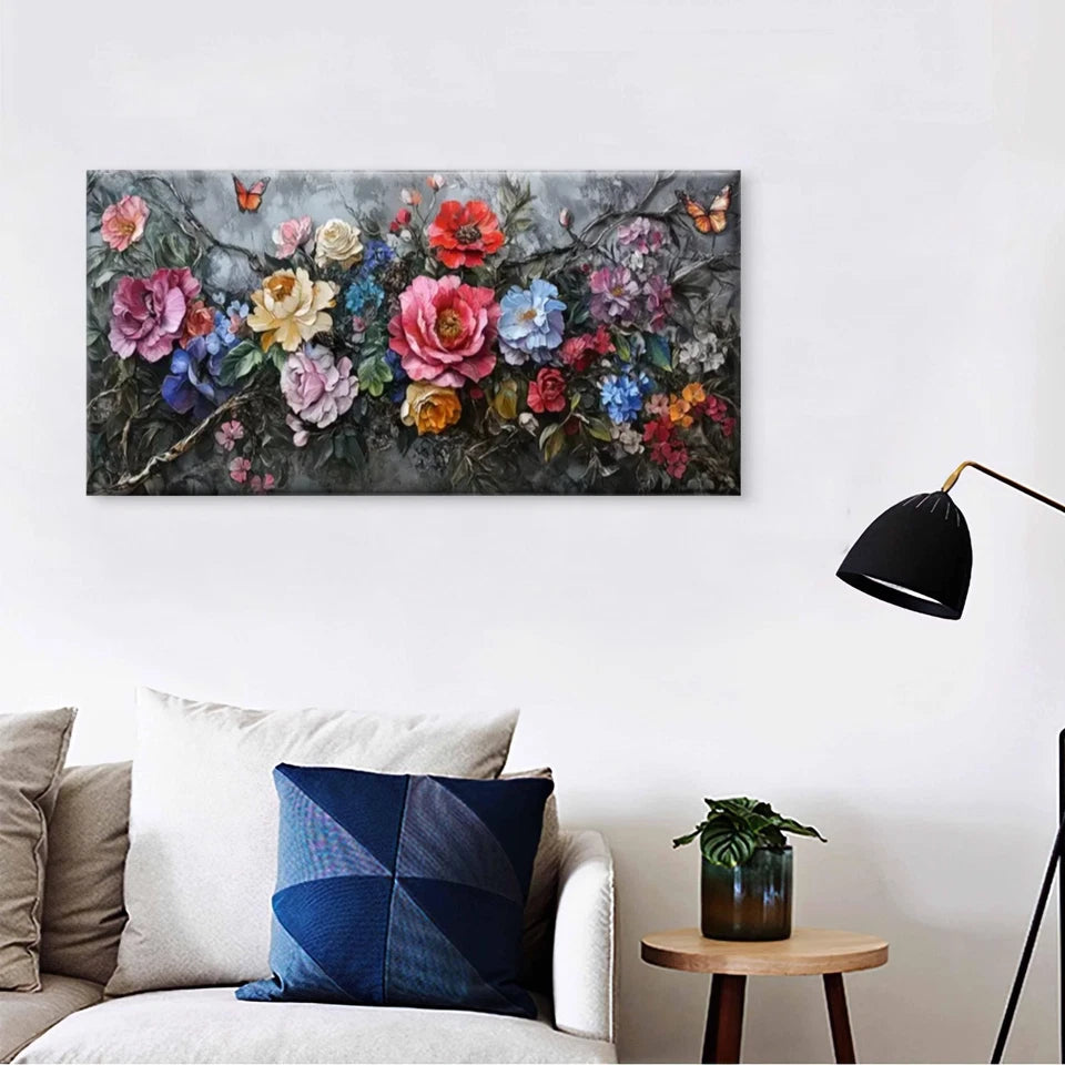 Flowers Butterflies Nature Wall Art Canvas Office Home Room Framed 120x60cm