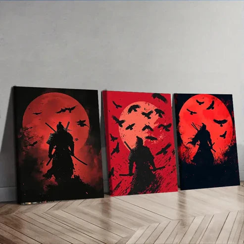 3pcs Japanese Samurai Silhouette Red Waterproof Wall Art Set Canvas Unframed - High Quality Print 100% Australian Made Wall Canvas