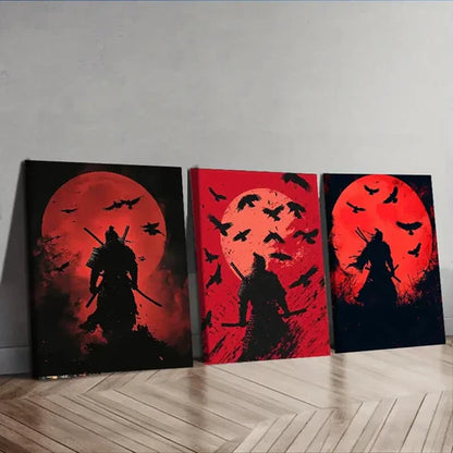 3pcs Japanese Samurai Silhouette Red Waterproof Wall Art Set Canvas Unframed - High Quality Print 100% Australian Made Wall Canvas