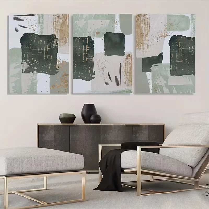 3pcs Green and Golden Watercolor Shape  Wall Art Set Canvas Framed 60x90cm - High Quality Print 100% Australian Made Wall Canvas Ready to Hang - Bella Home Decor