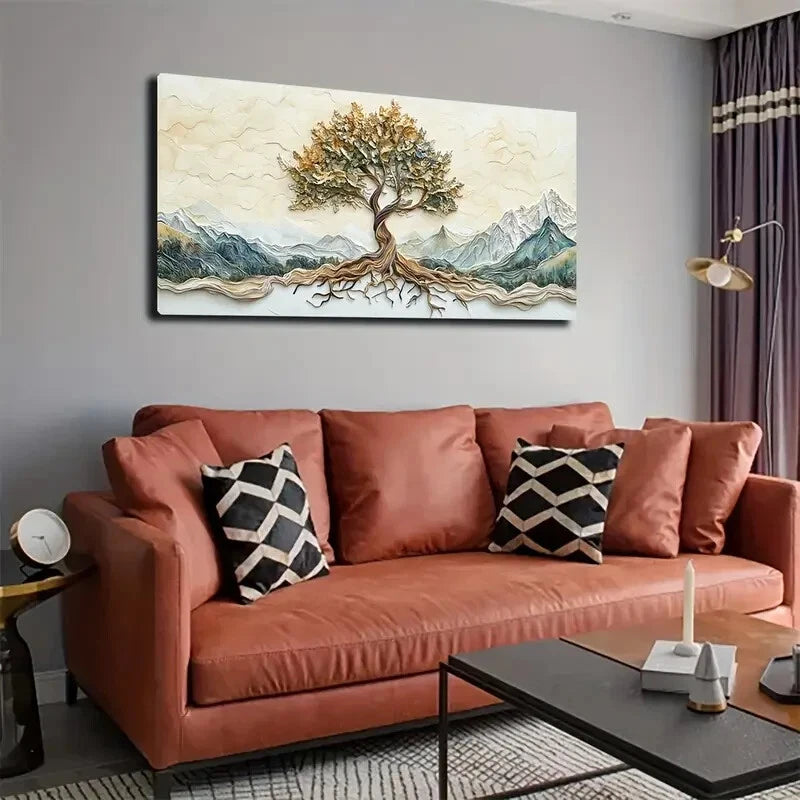 Serene Tree Landscape Yellow Wall Art Canvas Office Home Room Framed 120x60cm - Bella Home Decor