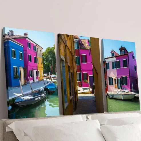 3pcs Colorful Venice Burano Island Canal Scene  Wall Art Set Canvas Unframed - High Quality Print 100% Australian Made Wall Canvas - Bella Home Decor