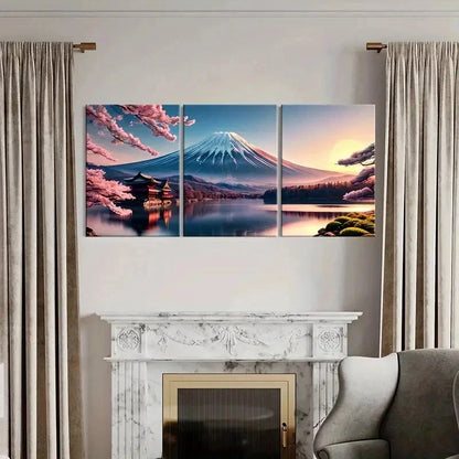 3pcs Mount Fuji and Sakura Lake Modern Wall Art Set Canvas Framed 50x70cm - High Quality Print 100% Australian Made Wall Canvas Ready to Hang