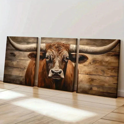 3pcs Vintage Rustic Texas Longhorn Cow Wall Art Set Canvas Framed 50x70cm - High Quality Print 100% Australian Made Wall Canvas Ready to Hang - Bella Home Decor