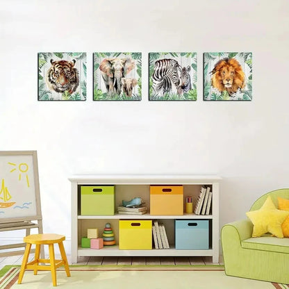 4pcs Tiger, Lion, Elephant & Zebra  Wall Art Canvas Framed