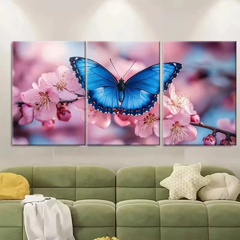 3pcs Curious Blue Butterfly on Apricot Blossoms Wall Art Set Canvas Framed 50x70cm - High Quality Print 100% Australian Made Wall Canvas Ready to Hang - Bella Home Decor