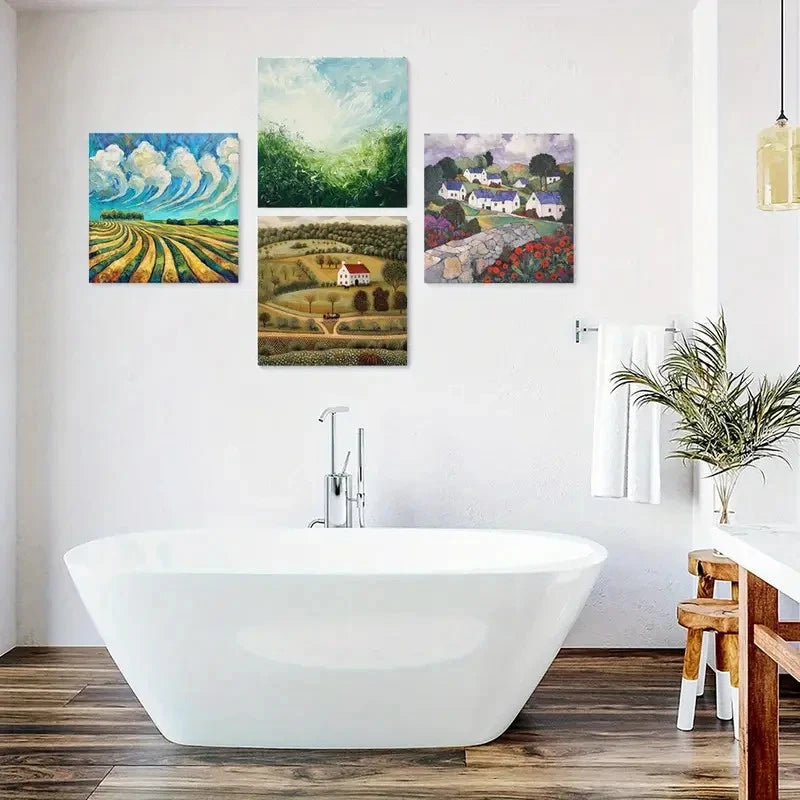 4pcs Golden Yellow Art Prints, Field Wall Art Canvas Framed