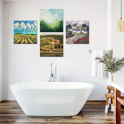 4pcs Golden Yellow Art Prints, Field Wall Art Canvas Framed