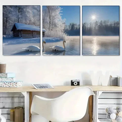 3 PCS Calm Charm Winter Swan Lake Wrapped Wall Art Set Canvas Unframed - High Quality Print 100% Australian Made Wall Canvas - Bella Home Decor