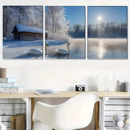 3 PCS Calm Charm Winter Swan Lake Wrapped Wall Art Set Canvas Unframed - High Quality Print 100% Australian Made Wall Canvas - Bella Home Decor