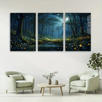 3pcs Moonlit Forest Fireflies Metal Print Ready to Hang Art - Bella Home Decor