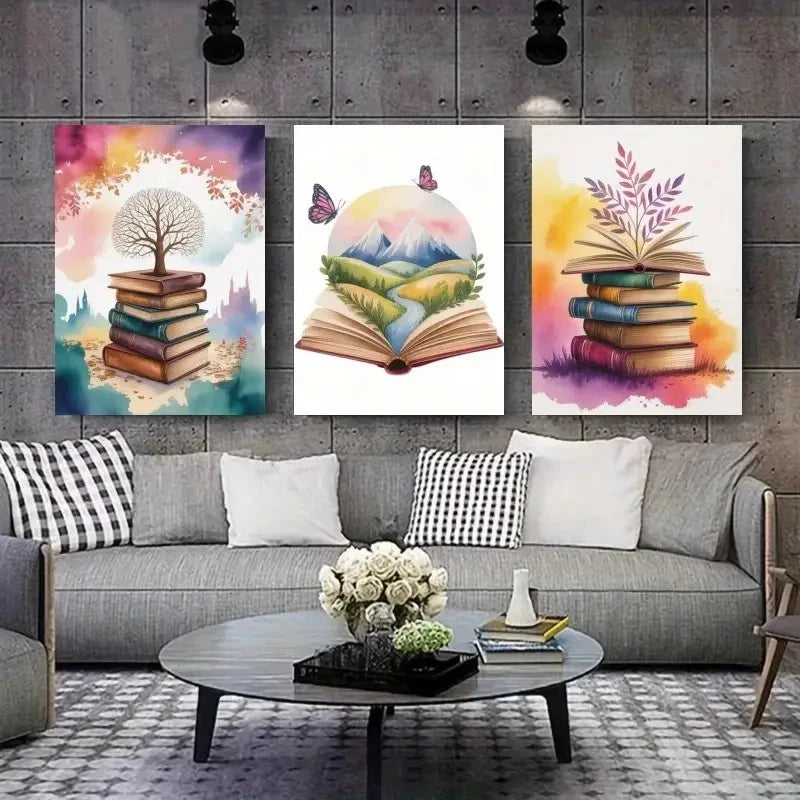 3pcs Open Books, Butterflies, Castle, Mountains  Wall Art Set Canvas Framed 40x60cm - High Quality Print 100% Australian Made Wall Canvas Ready to Hang