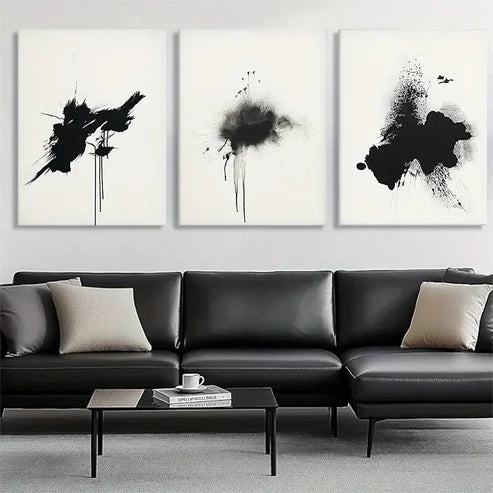3pcs Black Ink Abstract Splatter Bold Perfect Wall Art Canvas Unframed – High Quality Print 100% Australian Made Wall Canvas - Bella Home Decor