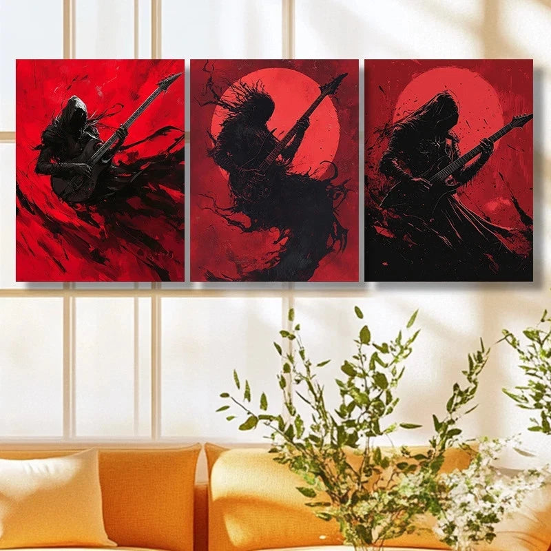 3pcs Dark Guitar Trio Black and Red Illustrations Metal Print Ready to Hang Art - Bella Home Decor
