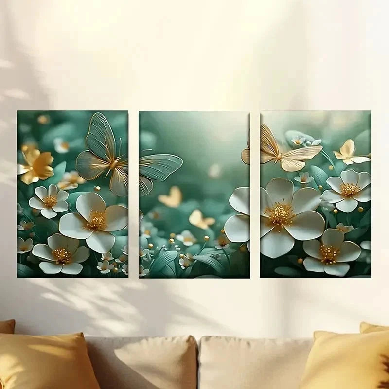 3pcs a bunch of white flowers with Gold Wall Art Set Canvas Framed 60x90cm - High Quality Print 100% Australian Made Wall Canvas Ready to Hang - Bella Home Decor