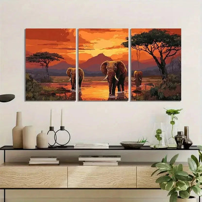 3pcs Sunset Scenery with Elephants Metal Print Ready to Hang Art