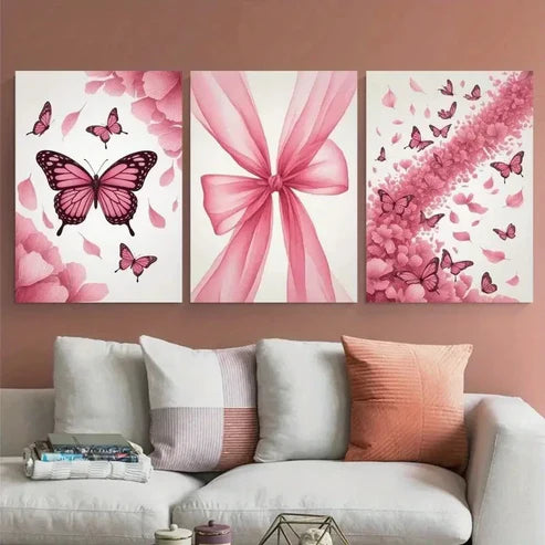 3pcs Pink Butterflies, Pink Bow Canvas Wall Art Canvas Unframed - High Quality Print 100% Australian Made Wall Canvas