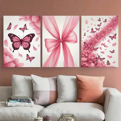 3pcs Pink Butterflies, Pink Bow Canvas Wall Art Canvas Unframed - High Quality Print 100% Australian Made Wall Canvas
