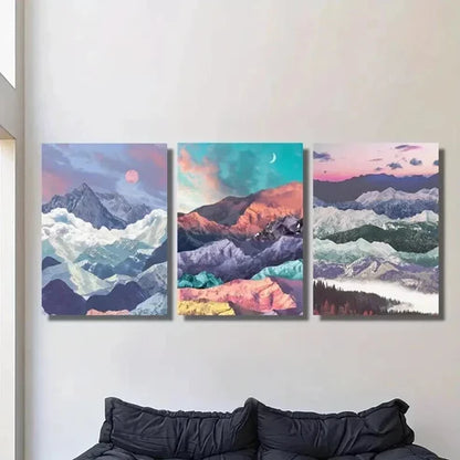 3pcs Fantasy Color Sun Moon & Mountain Scenery Wall Art Set Canvas Unframed - High Quality Print 100% Australian Made Wall Canvas