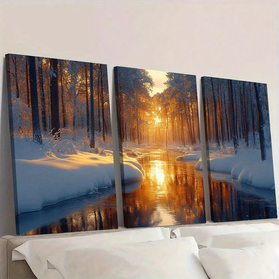 3pcs Tranquil Winter Wonderland Snowy Forest  Wall Art Set Canvas Framed 60x90cm - High Quality Print 100% Australian Made Wall Canvas Ready to Hang