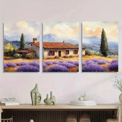 3pcs Italian Cottage Lavender Landscape Perfect Wall Art Set Canvas Framed 50x70cm - High Quality Print 100% Australian Made Wall Canvas Ready to Hang