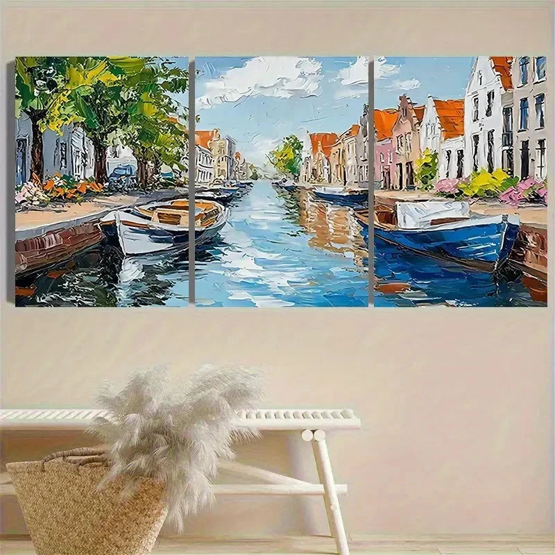 3pcs Colorful European Town by Canal Wall Art Set Canvas Framed 60x90cm - High Quality Print 100% Australian Made Wall Canvas Ready to Hang - Bella Home Decor