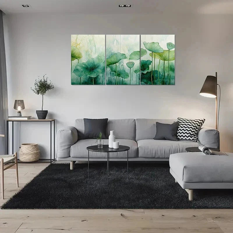 3pcs Vibrant Green Botanical Lotus Metal Print Ready to Hang Art