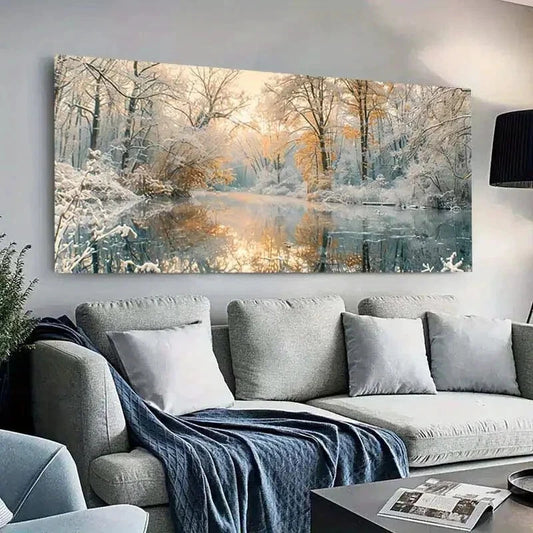 Snowy Forest & Reflective Water Wall Art Canvas Office Home Room Framed 120x60cm