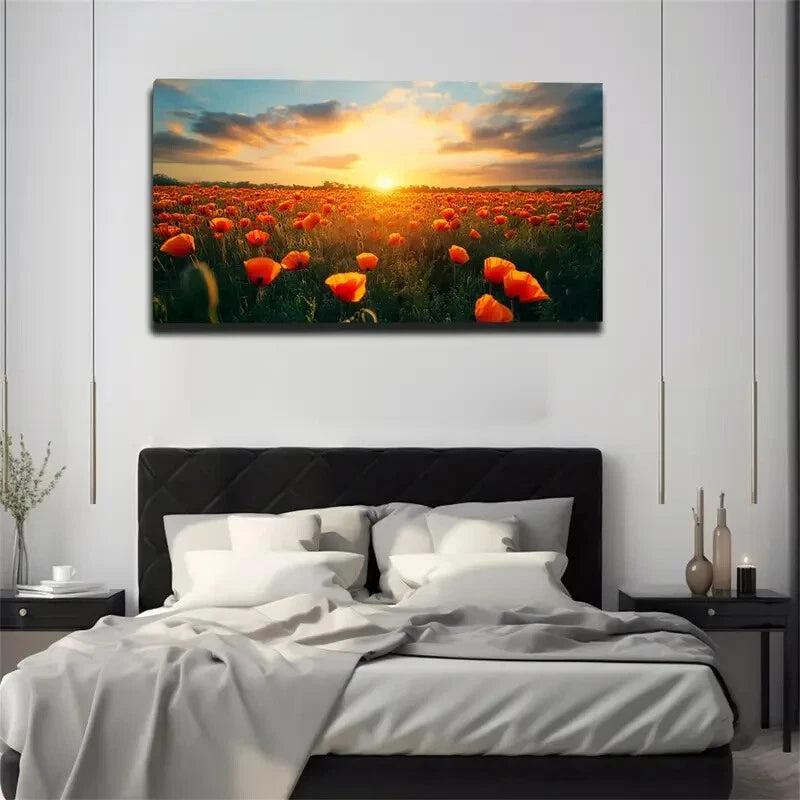 Blooming Orange Poppy Wall Art Canvas Office Home Room Framed 120x60cm - Bella Home Decor