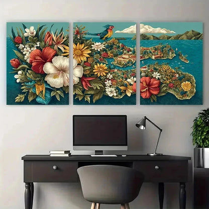 3pcs Vibrant Tropical Caribbean Floral Perfect Wall Art Set Canvas Framed 50x70cm - High Quality Print 100% Australian Made Wall Canvas Ready to Hang
