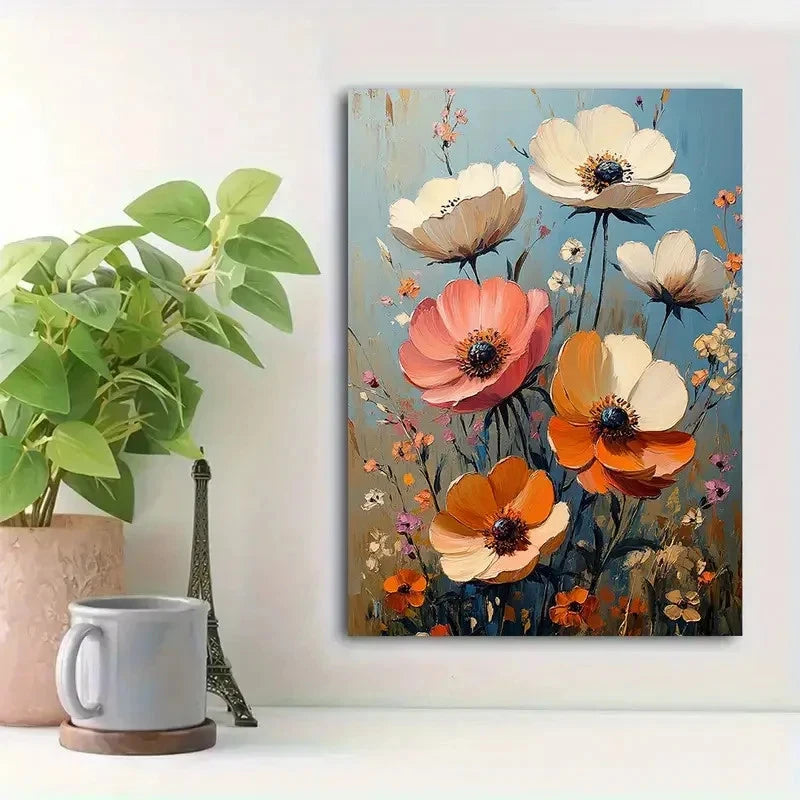 Beautiful Peach White Blue Botanical Painting 40x60cm Metal Print Ready to Hang