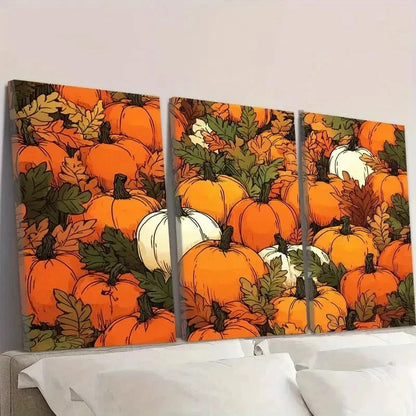 3pcs Pumpkins with Autumn Leaves Wall Art Set Canvas Framed 50x70cm - High Quality Print 100% Australian Made Wall Canvas Ready to Hang