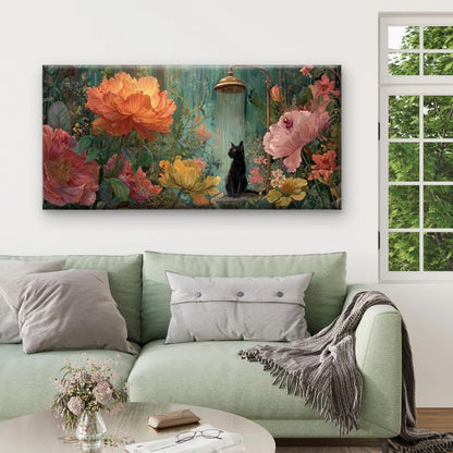Black Cat in Floral Garden Wall Art Canvas Office Home Room Framed 120x60cm