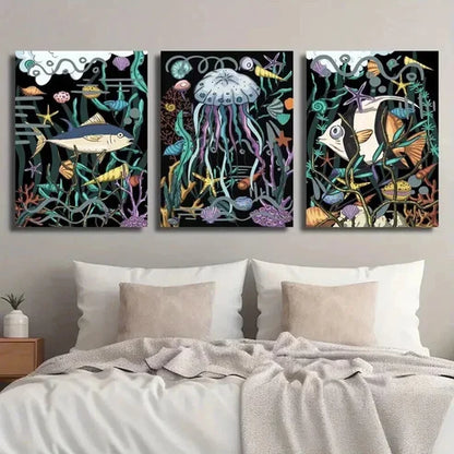 3pcs Cartoon Fish Jellyfish Shells And Corals Wall Art Set Canvas Unframed - High Quality Print 100% Australian Made Wall Canvas - Bella Home Decor