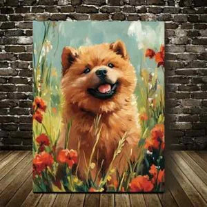 Flowers And Plants Cute Chow Chow Dog Painting 40x60cm Metal Print Ready to Hang - Bella Home Decor