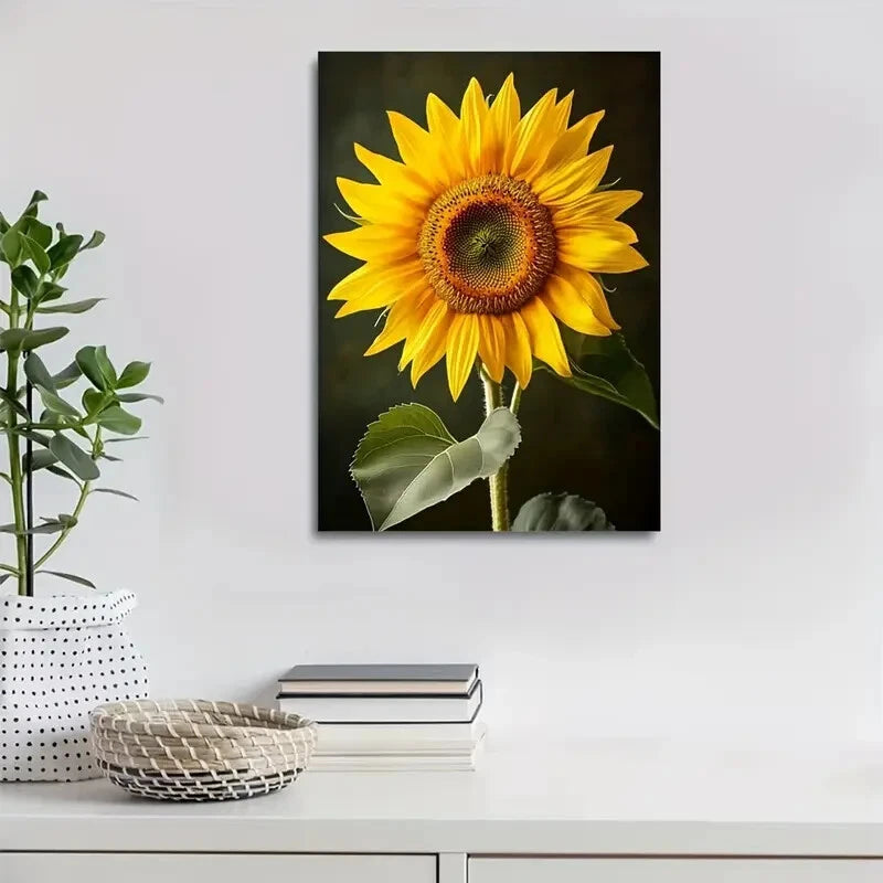 Vibrant Yellow Petals & Green Leaves, Painting 40x60cm Metal Print Ready to Hang - Bella Home Decor