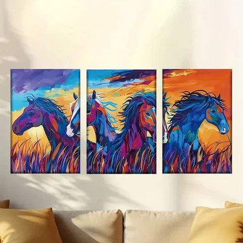3pcs Colorful Abstract Horse Herd on Grassland Wall Art Set Canvas Unframed – High Quality Print 100% Australian Made Wall Canvas - Bella Home Decor