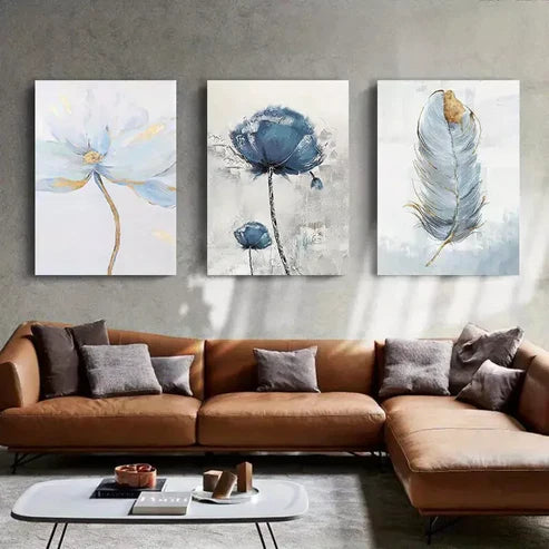3pcs Blue Floral & Feather Abstract Canvas Framed 60x90 cm - High Quality Print 100% Australian Made Wall Canvas Ready to Hang