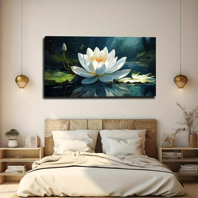White For Lotus Night Scene Wall Art Canvas Office Home Room Framed 120x60cm