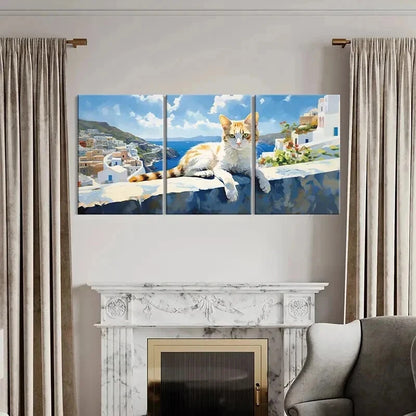 3pcs Abstract Cat & Aegean Sea of Greece Scene Wall Art Set Canvas Framed 60x90cm - High Quality Print 100% Australian Made Wall Canvas Ready to Hang - Bella Home Decor
