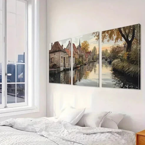 3pcs Aesthetic Peaceful Village In Autumn  Art Set Canvas Unframed - High Quality Print 100% Australian Made Wall Canvas - Bella Home Decor