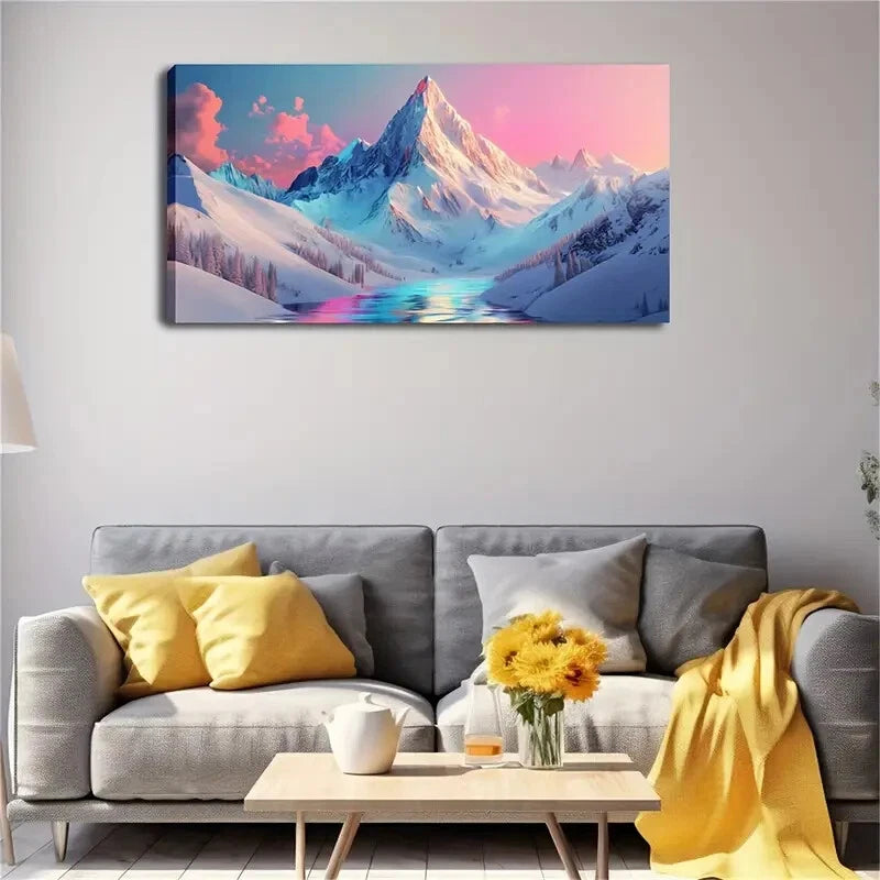 Snowy Mountain Landscape Blue Wall Art Canvas Office Home Room Framed 120x60cm - Bella Home Decor