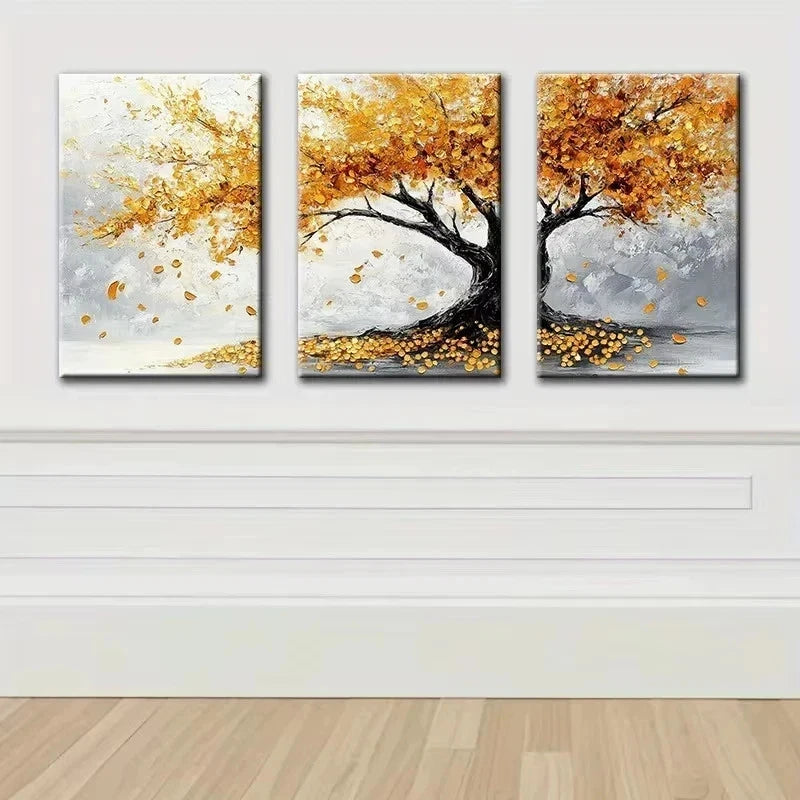 3pcs A tree with Golden leaves Illustration Metal Print Ready to Hang Art - Bella Home Decor