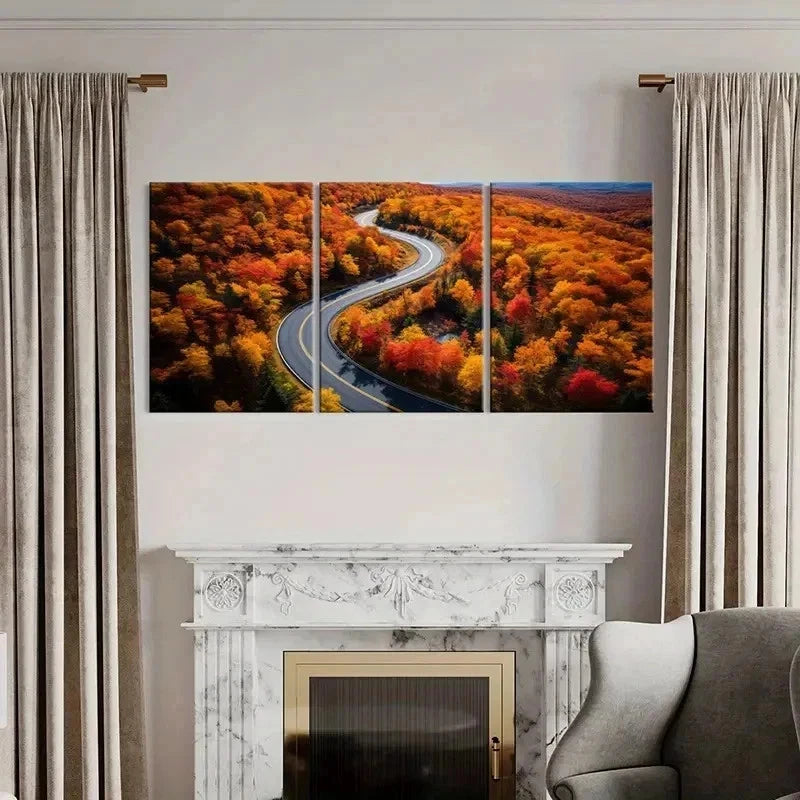 3pcs Golden Leaves Road Modern Decoration Wall Art Set Canvas Framed 60x90cm - High Quality Print 100% Australian Made Wall Canvas Ready to Hang - Bella Home Decor